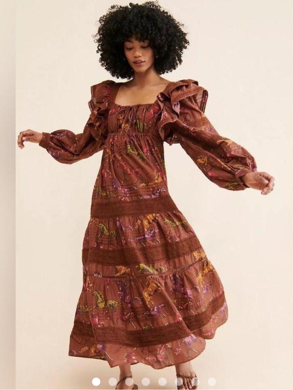 New FARM Rio horse brown Brown Floral Tiered Maxi Dress with Puff Sleeves